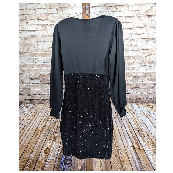 CHICME Black Sequin Ruched Bust Dress, Shirred Waist Long Sleeve Sz MedNew - Picture 4 of 7